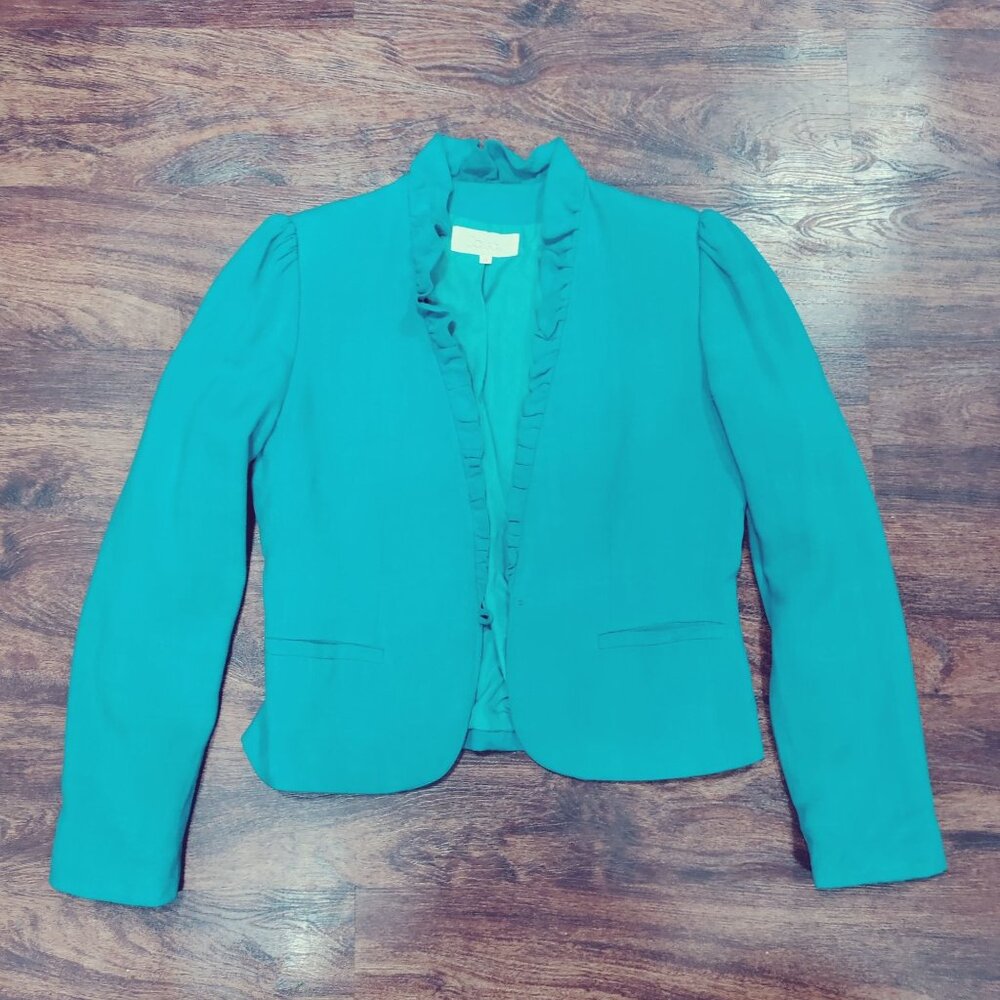 Cassidy Puff Sleeve Ruffle Twee Vintage 80s Tweed Office Blazer Turquoise US 8 - Picture 5 of 11